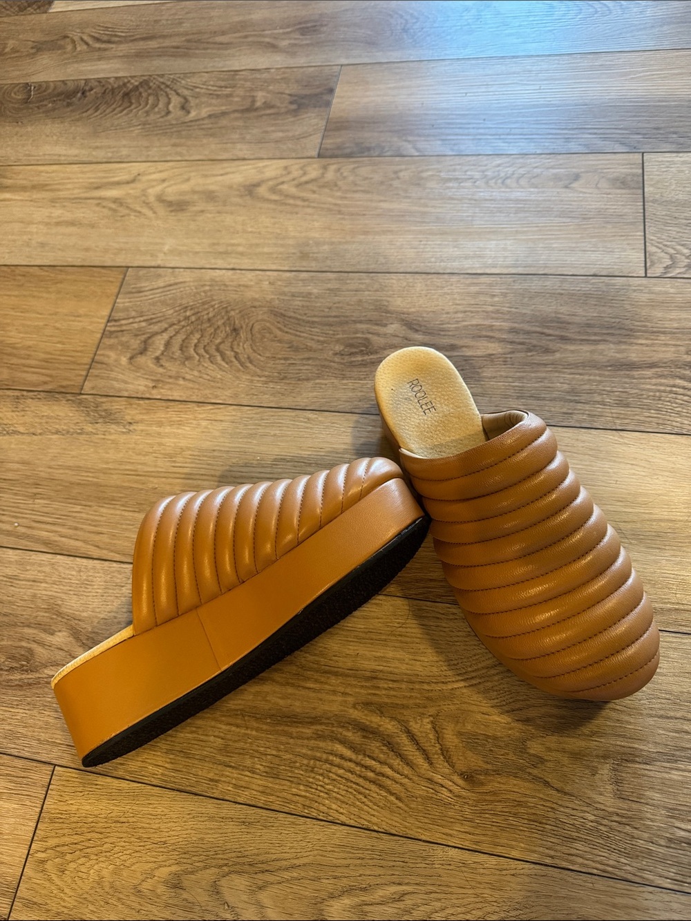 ROOLEE Platform Quilted Slide Mules — Tan